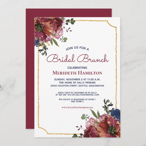 Burgundy Navy Blue Gold Floral Bridal Shower Invitation