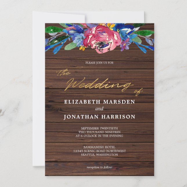 Burgundy Navy Blue Gold Floral Dark Wood Wedding Invitation (Front)