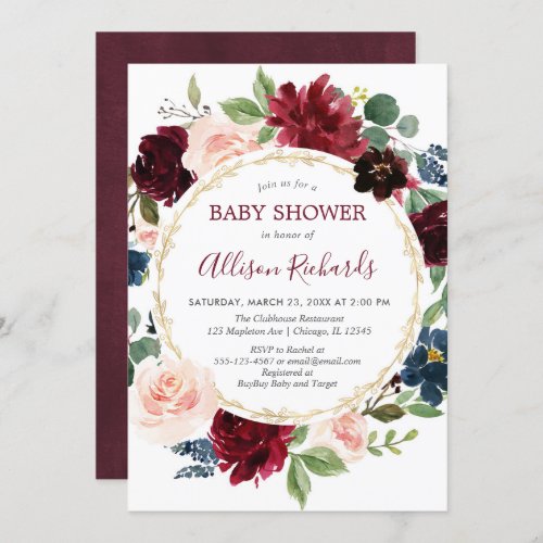 Burgundy navy blue gold floral wreath baby shower invitation