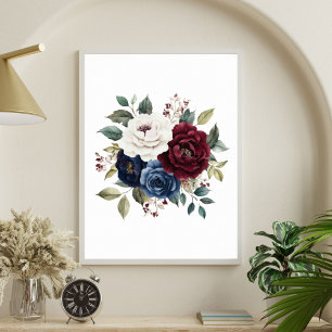 Burgundy Navy Blue Maroon White Floral Bouquet Poster