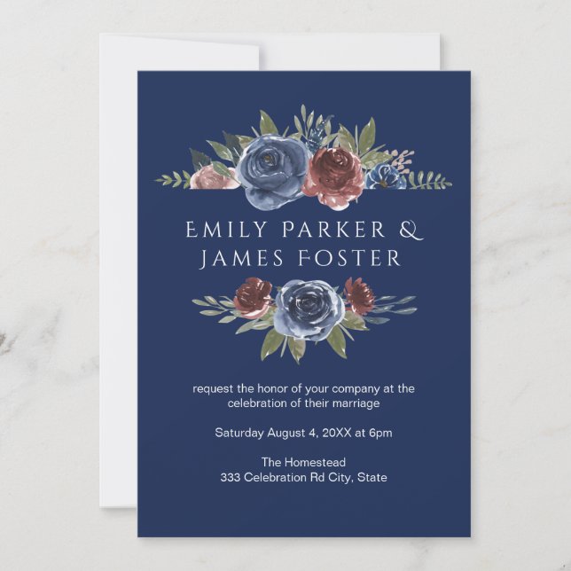 Burgundy Navy Blue Marsala Floral Rustic Wedding Invitation (Front)