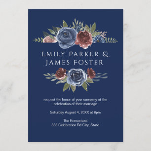 Burgundy Navy Blue Marsala Floral Rustic Wedding Invitation