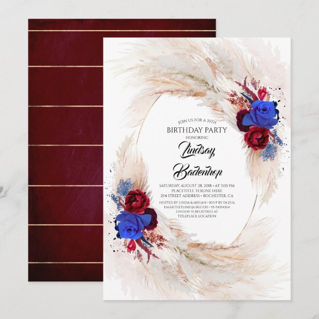 Burgundy Navy Blue Pampas Grass Birthday Party Invitation (Front/Back)