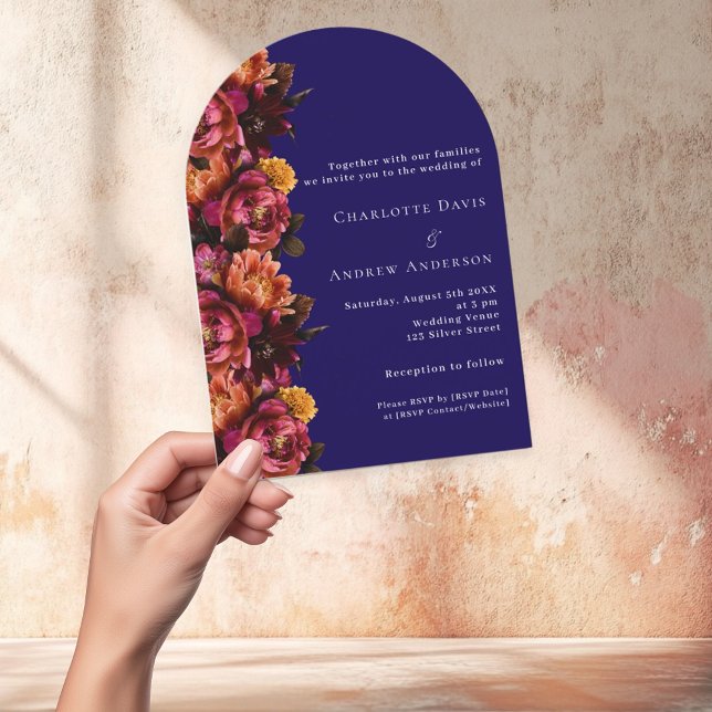 Burgundy navy blue peach floral arch wedding RSVP Invitation (Creator Uploaded)