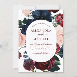 Burgundy Navy Blue Photo Floral Eucalyptus Wedding Invitation