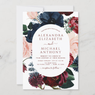 Burgundy Navy Blue Photo Floral Eucalyptus Wedding Invitation