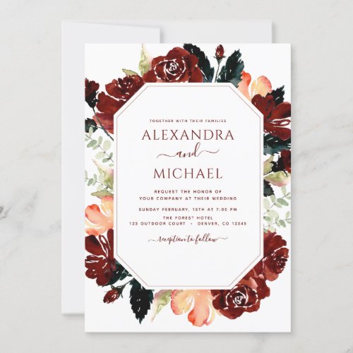 Burgundy Navy Blue Photo Floral Wedding Elegant Invitation