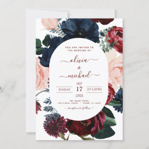 Burgundy Navy Blue Photo Floral Wedding Invitation