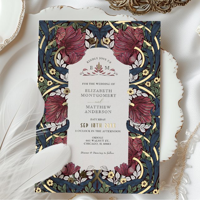 Burgundy Navy Blue Pimpernel William Morris Foil Invitation (Creator Uploaded)