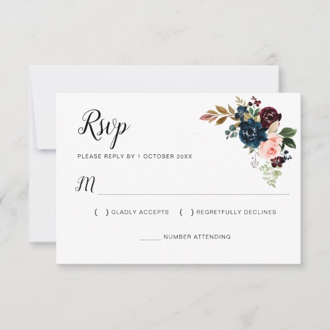 Burgundy navy blue pink blush floral RSVP card (Front)