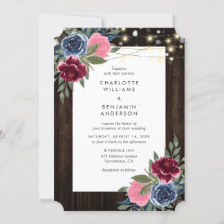 Burgundy Navy Blue Pink Rustic Wood Floral Wedding Invitation