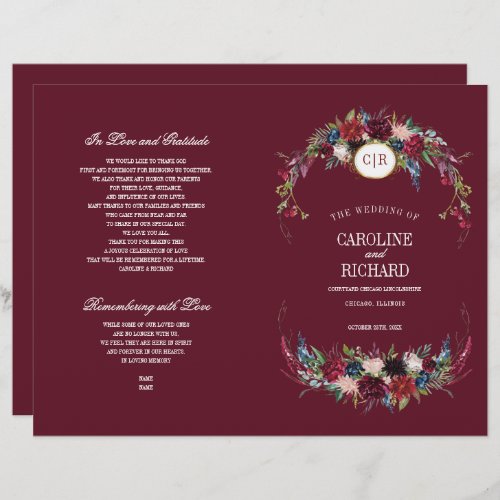 Burgundy  Navy Blue  Red Floral Wedding Program