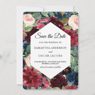 Burgundy Navy Blue & Red Watercolor Floral Frame Save The Date