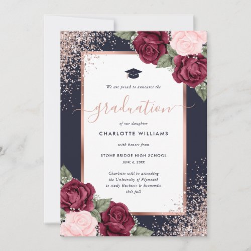 Burgundy Navy Blue Rose Gold Photo Graduation Announcement