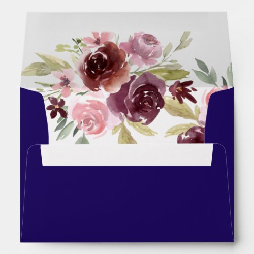 Burgundy Navy Blue Roses Floral Wedding Envelope