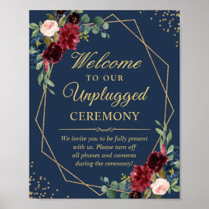 Burgundy Navy Blue Unplugged Wedding Ceremony Sign