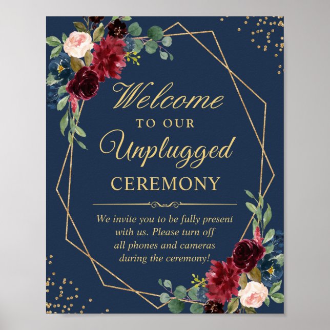 Burgundy Navy Blue Unplugged Wedding Ceremony Sign (Front)