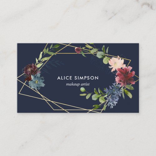 Burgundy Navy Blue Watercolor Floral Geometric Business Card