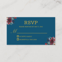 Burgundy Navy Blue Watercolor Floral Wedding RSVP