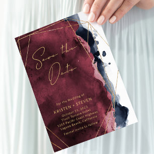 Burgundy & Navy Blue Watercolor Save The Date Invitation