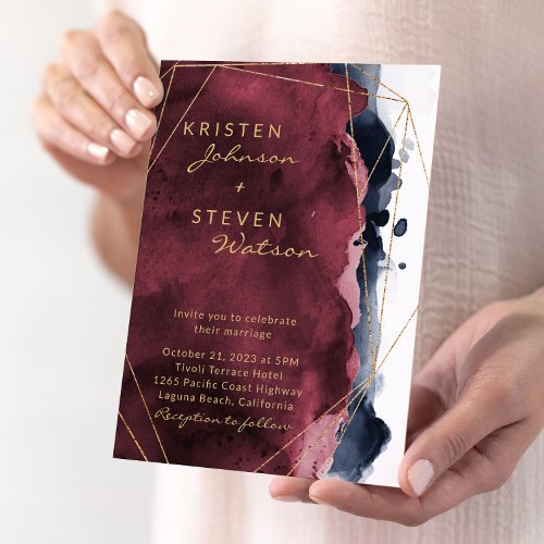 Burgundy  Navy Blue Watercolor Wedding  Invitation