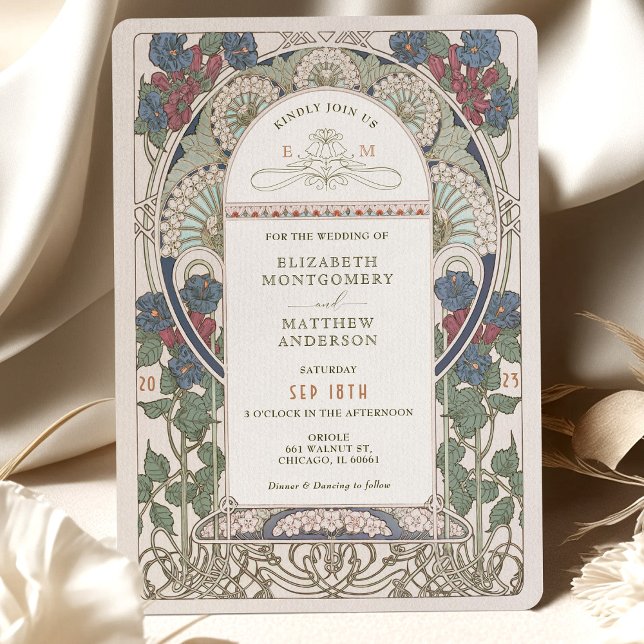 Burgundy Navy Blue Wedding Invitations Art Nouveau (Creator Uploaded)