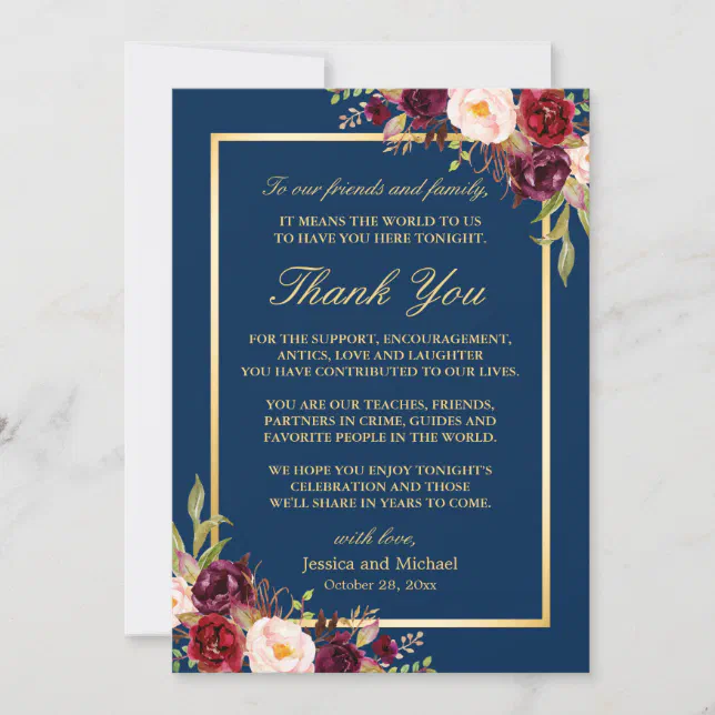 Burgundy Navy Blue Wedding Place Setting Thank You | Zazzle