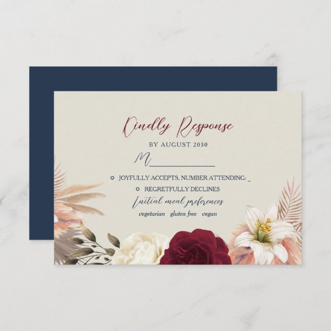 Burgundy Navy Blue Wedding RSVP Card (Front/Back)