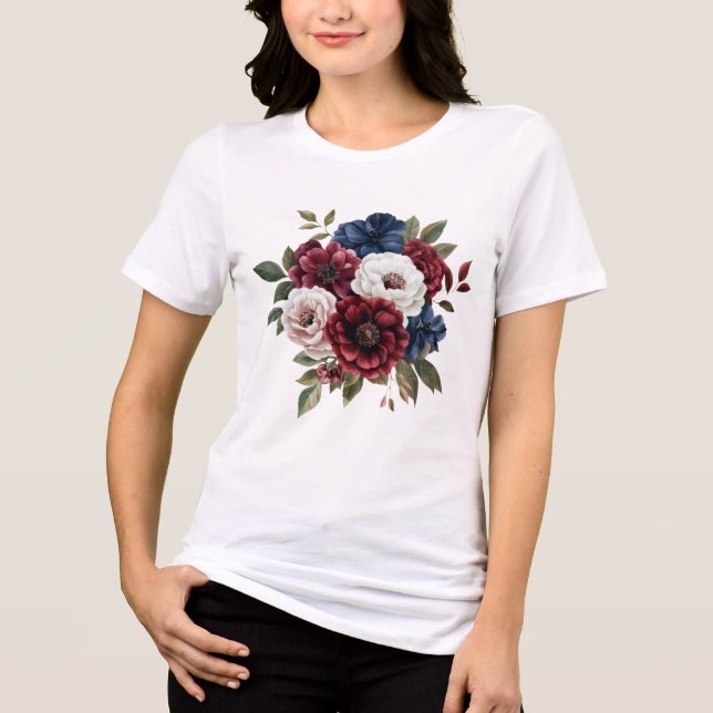 Burgundy Navy Blue White Floral Bouquet Women's Tri-Blend Shirt (Front)