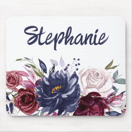 Burgundy Navy Blue White Watercolor Floral Name Mouse Pad