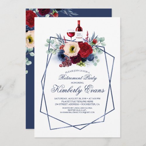 Burgundy Navy Blue Wine Tasting Retirement Party Invitation