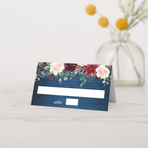 Burgundy Navy Blue Wood Blush Floral Wedding Place Card