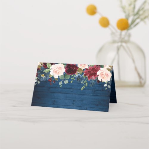 Burgundy Navy Blue Wood Blush Floral Wedding Place Card