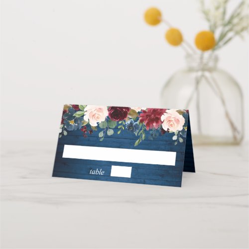 Burgundy Navy Blue Wood Blush Floral Wedding Place Card