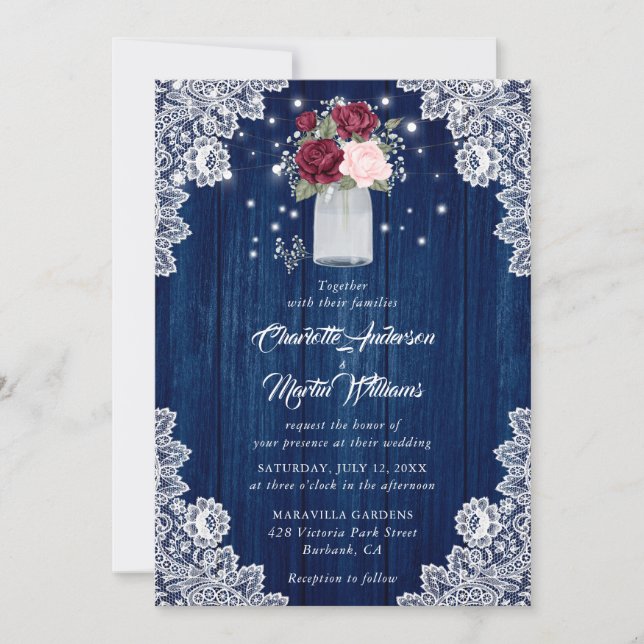 Burgundy Navy Blue Wood Lace Floral Wedding Invitation (Front)