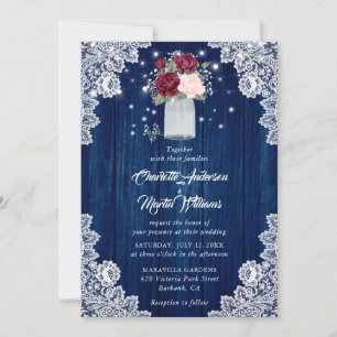 Burgundy Navy Blue Wood Lace Floral Wedding Invitation