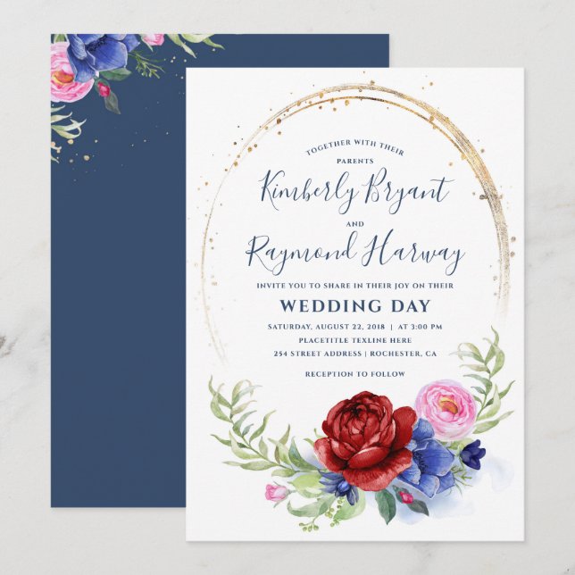 Burgundy Navy Blush and Gold Floral Rustic Wedding Invitation (Front/Back)