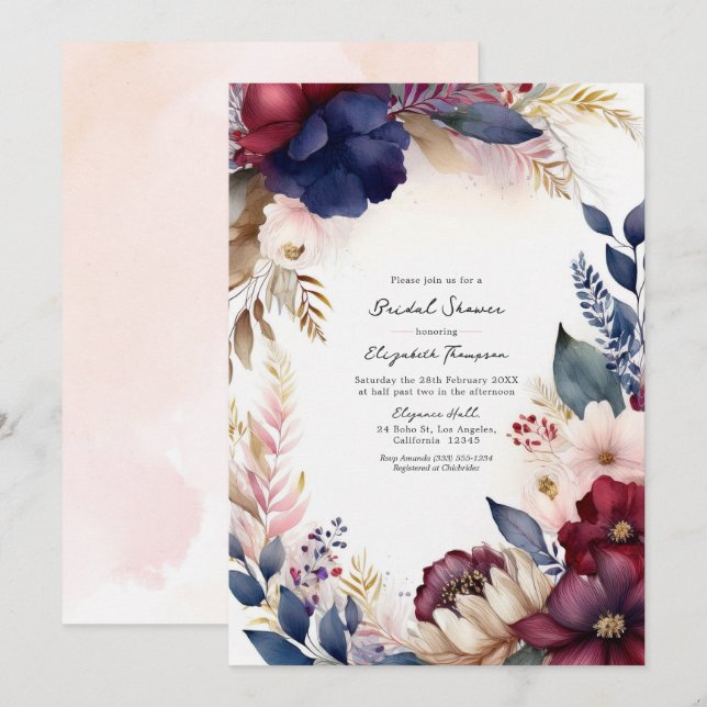 Burgundy, Navy, Blush Boho Floral Bridal Shower Invitation (Front/Back)