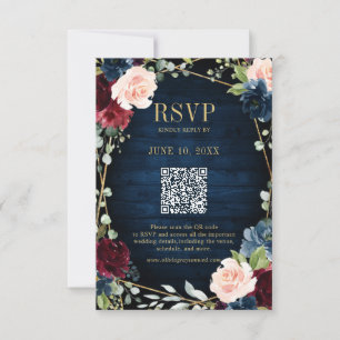 Burgundy Navy Blush Boho Geometric Wedding QR Code RSVP Card
