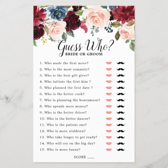 Burgundy Navy Blush Bridal Shower Game Guess Who (Front)