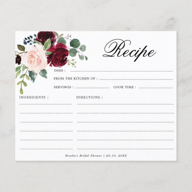 Burgundy Navy Blush Bridal Shower Recipe card (Front)