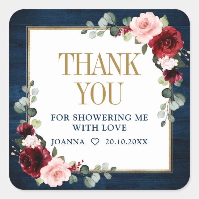 Burgundy Navy Blush Bridal Shower Thank Favor  Square Sticker (Front)