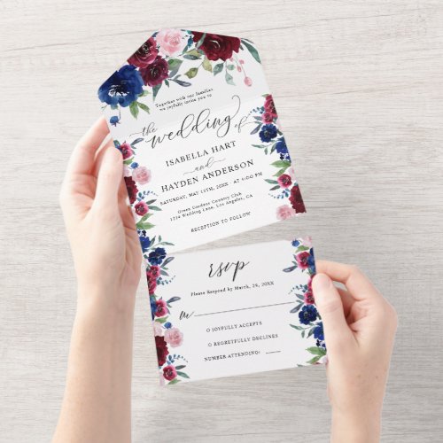 Burgundy Navy Blush Elegant Floral Watercolor All In One Invitation