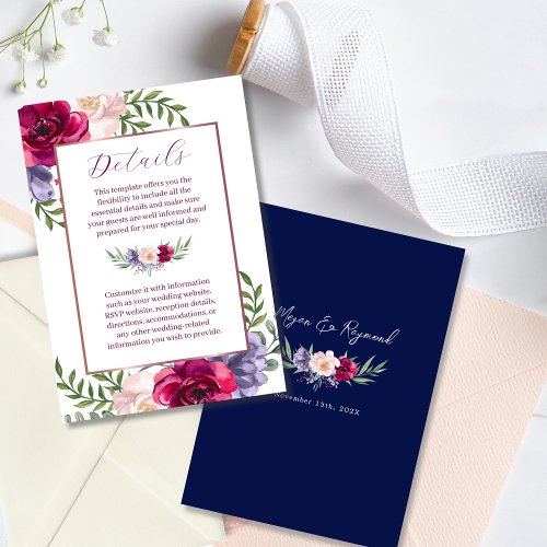 Burgundy Navy  Blush Floral Bloom Frame Details Enclosure Card