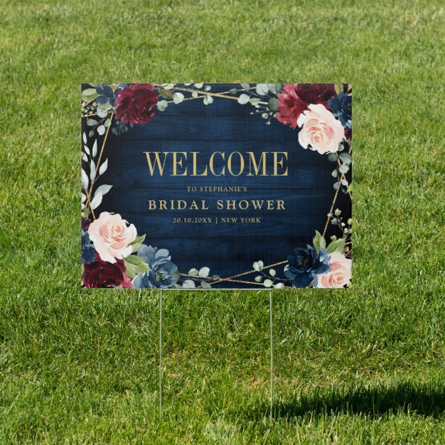 Burgundy Navy Blush Floral Bridal Shower Welcome Sign (Insitu)