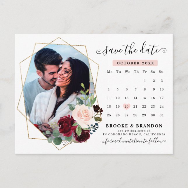 Burgundy Navy Blush Floral Calendar Save the Date Postcard (Front)