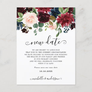 Burgundy Navy Blush Floral Change the Date Postcard