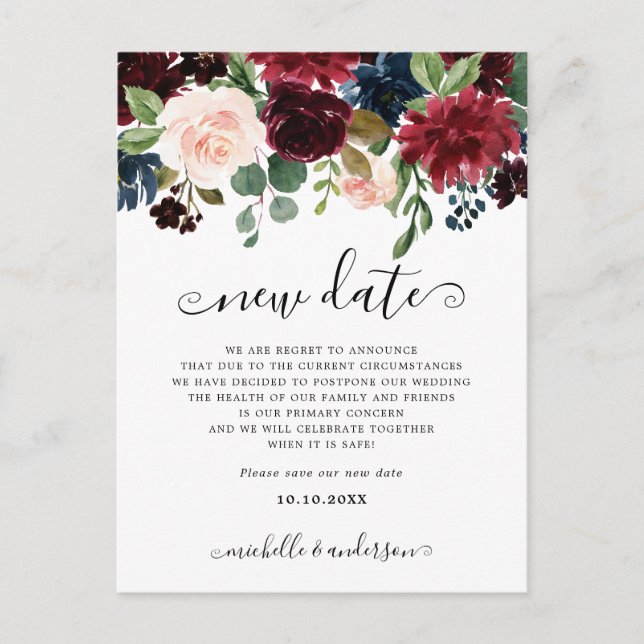 Burgundy Navy Blush Floral Change the Date Postcard (Front)