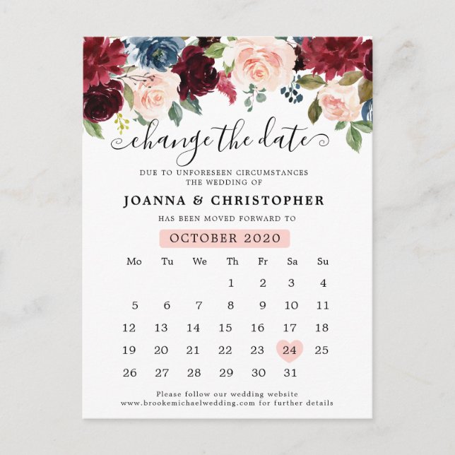 Burgundy Navy Blush Floral Change the Date Postcard (Front)