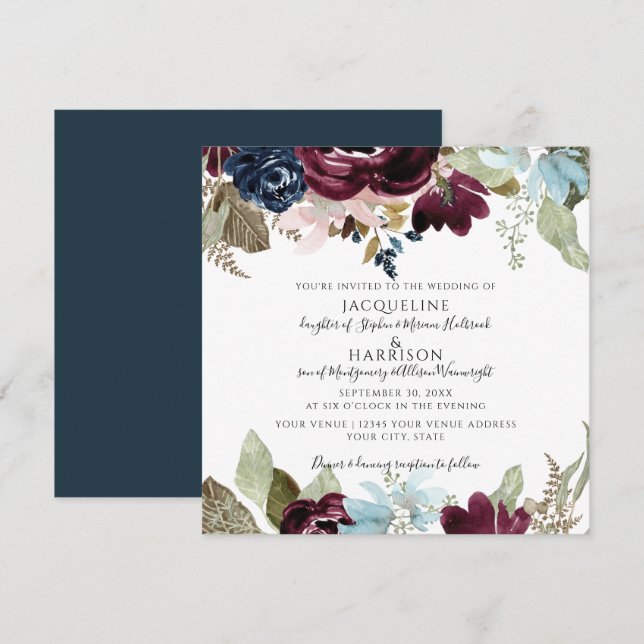 Burgundy Navy Blush Floral Elegant Foliage Wedding Invitation (Front/Back)